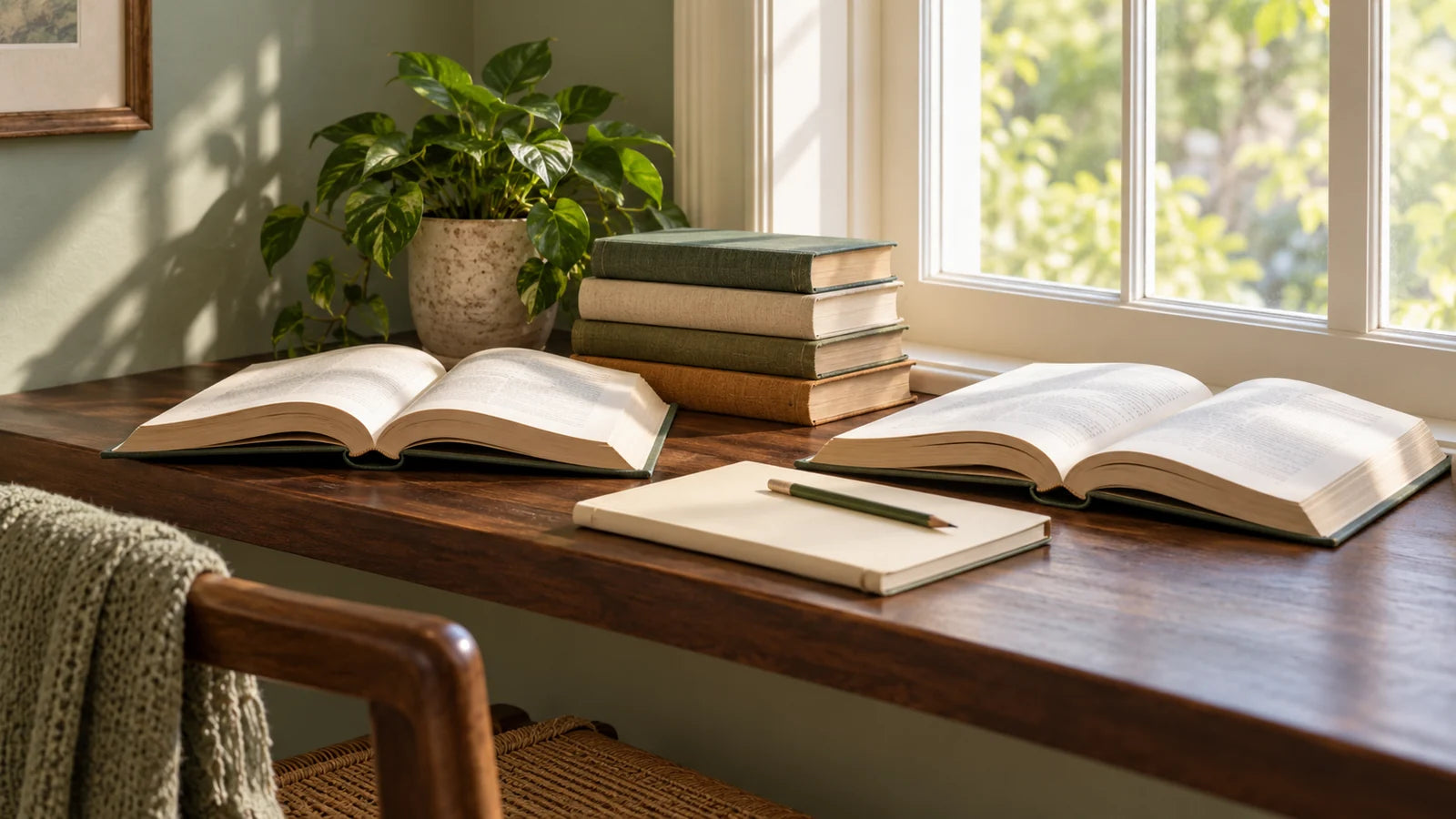 A quiet reading nook with reference books, a plain notebook and a pencil