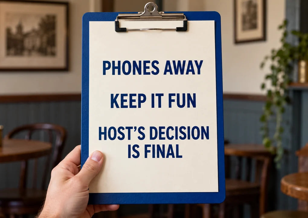 A clipboard displaying three simple hosting rules in a quiet venue