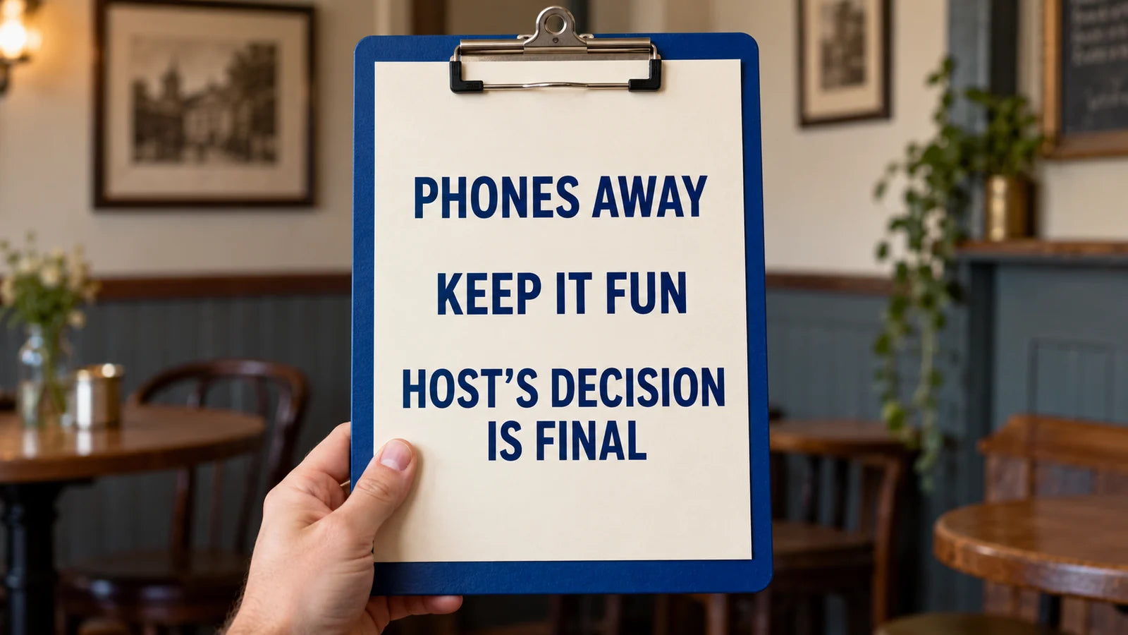 A clipboard displaying three simple hosting rules in a quiet venue