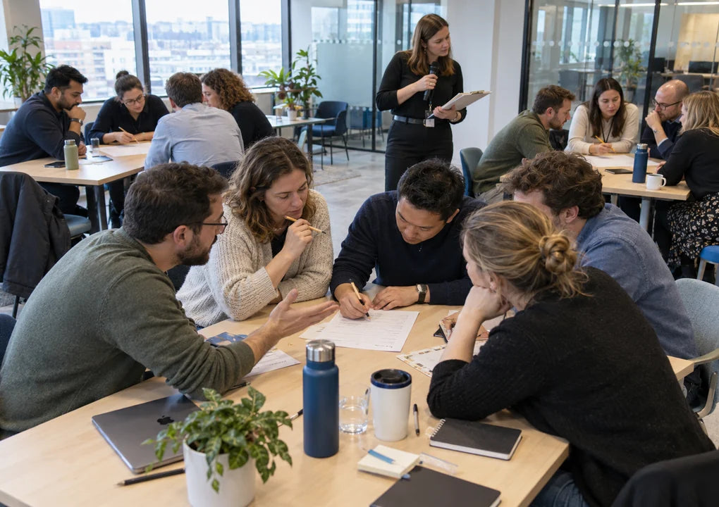Fictional office teams collaborating on a trivia round in a bright modern workspace