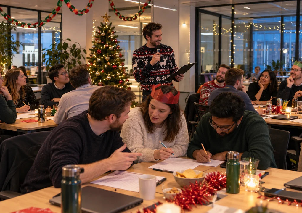 Fictional coworkers playing a Christmas office quiz with a host, answer sheets and festive office decorations