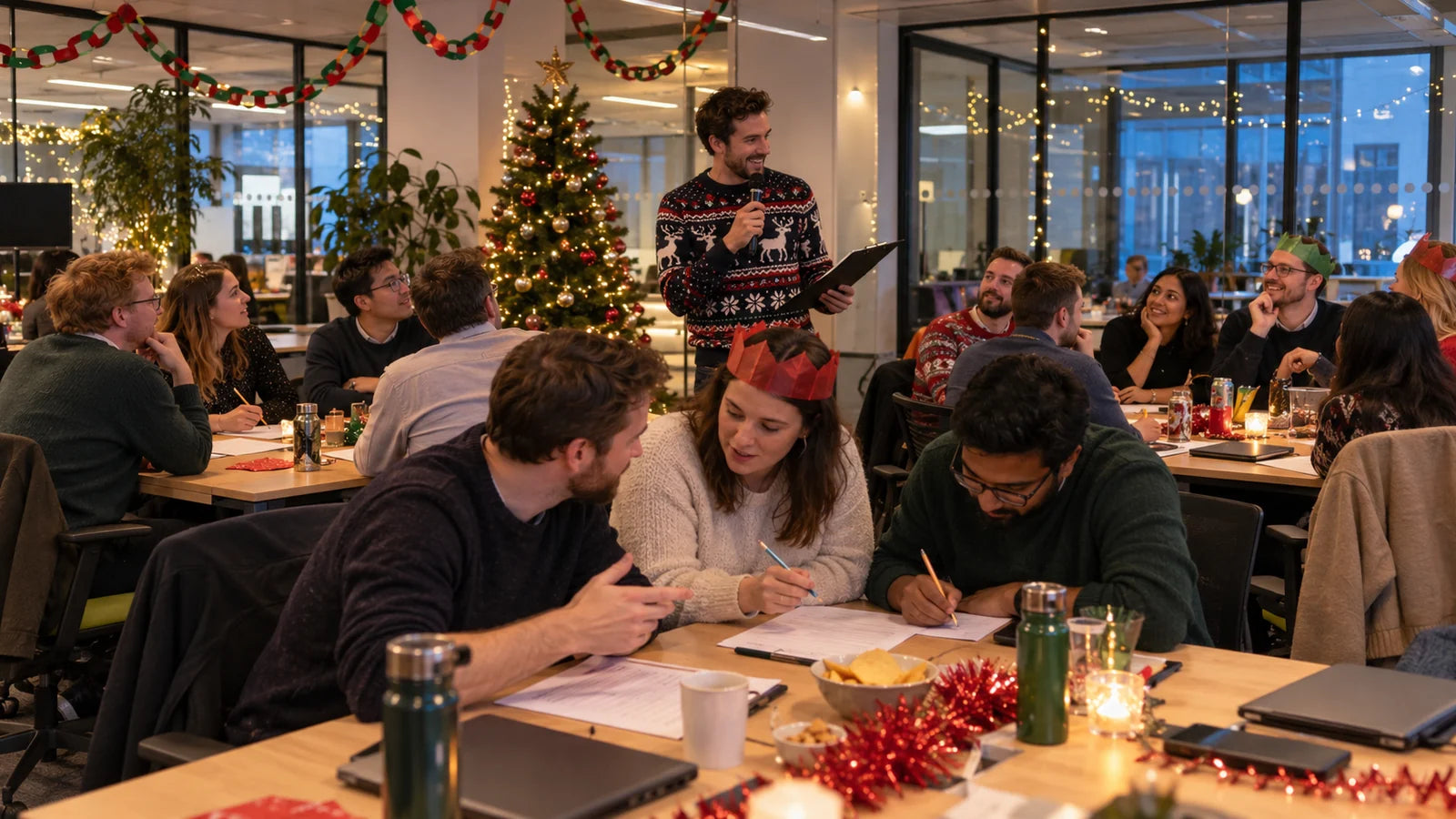 Fictional coworkers playing a Christmas office quiz with a host, answer sheets and festive office decorations