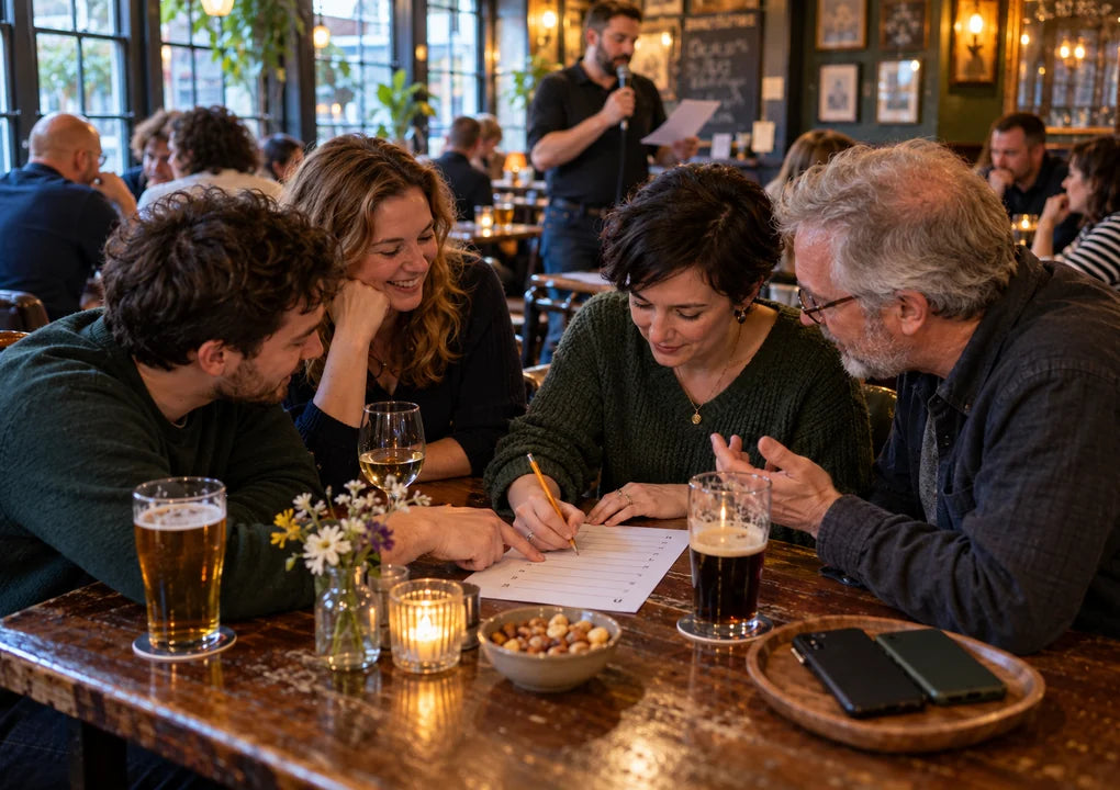 Fictional pub quiz teammates discussing an answer while one writes on their shared paper sheet and their phones stay aside