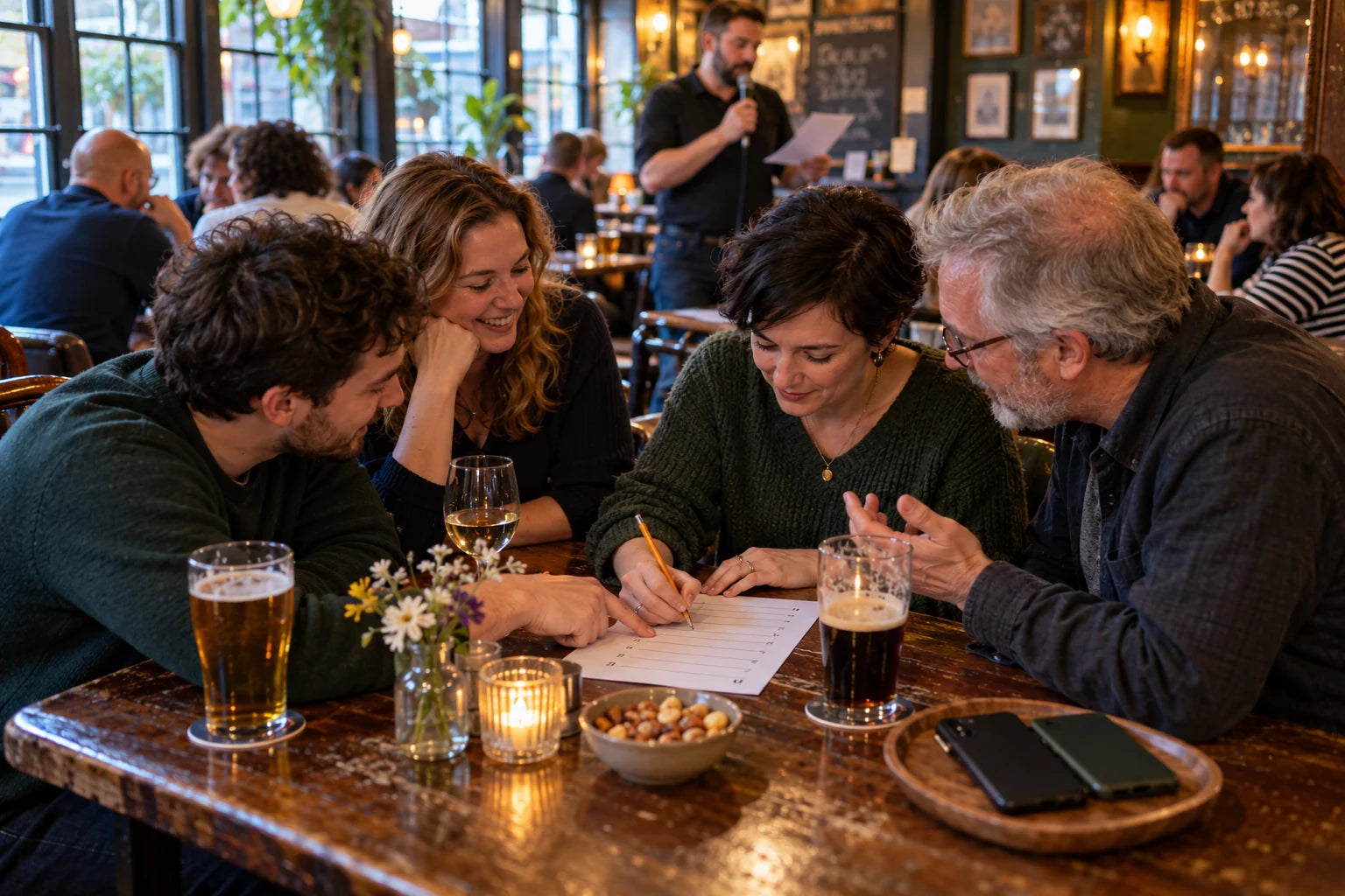 Fictional pub quiz teammates discussing an answer while one writes on their shared paper sheet and their phones stay aside