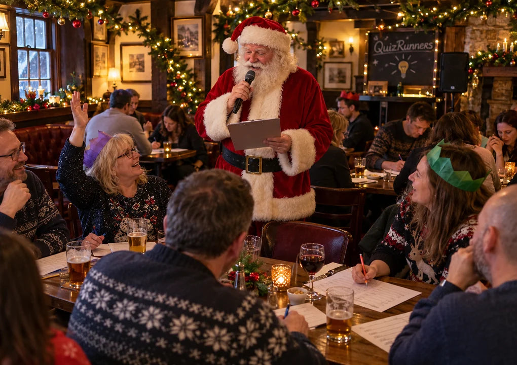 Fictional Santa-costumed quizmaster hosting a festive pub trivia round for adult teams
