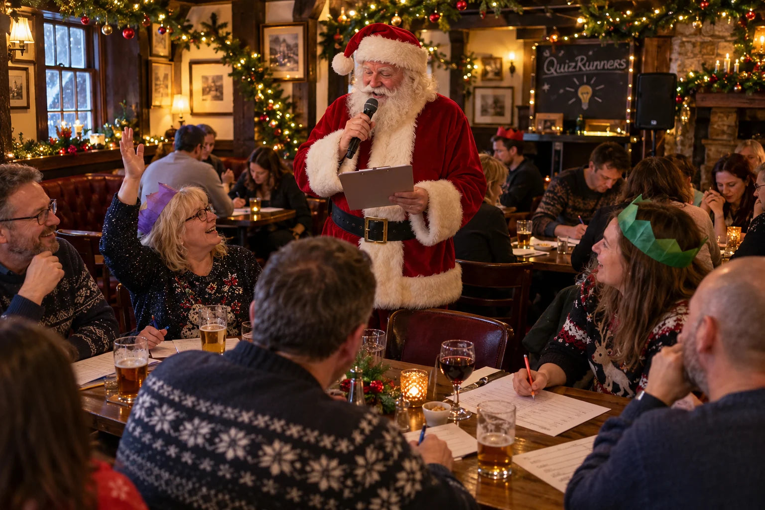 Fictional Santa-costumed quizmaster hosting a festive pub trivia round for adult teams
