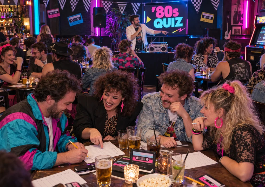 Fictional teams in eighties-inspired outfits playing a music quiz with a host in a neon-decorated bar