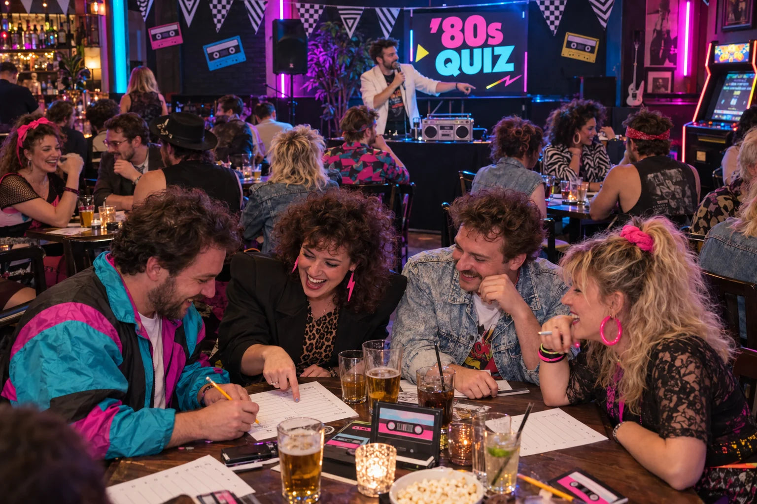 Fictional teams in eighties-inspired outfits playing a music quiz with a host in a neon-decorated bar