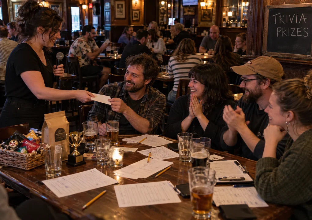 Fictional quiz host handing a small prize to a winning team beside their quiz sheets and trivia-prizes board