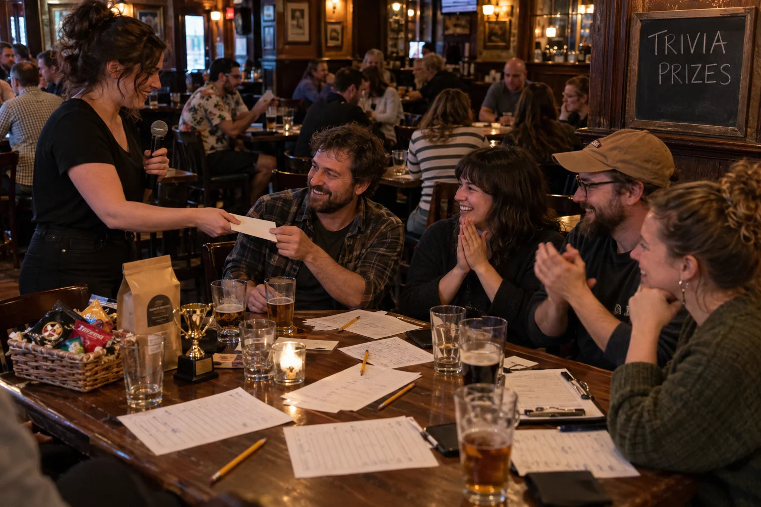 Fictional quiz host handing a small prize to a winning team beside their quiz sheets and trivia-prizes board