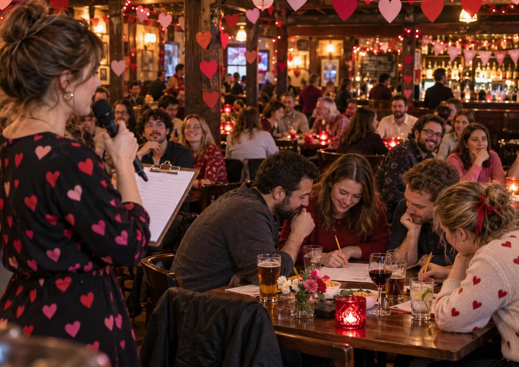 Fictional host running a Valentine's trivia night in a packed bar with teams, answer sheets and heart decorations