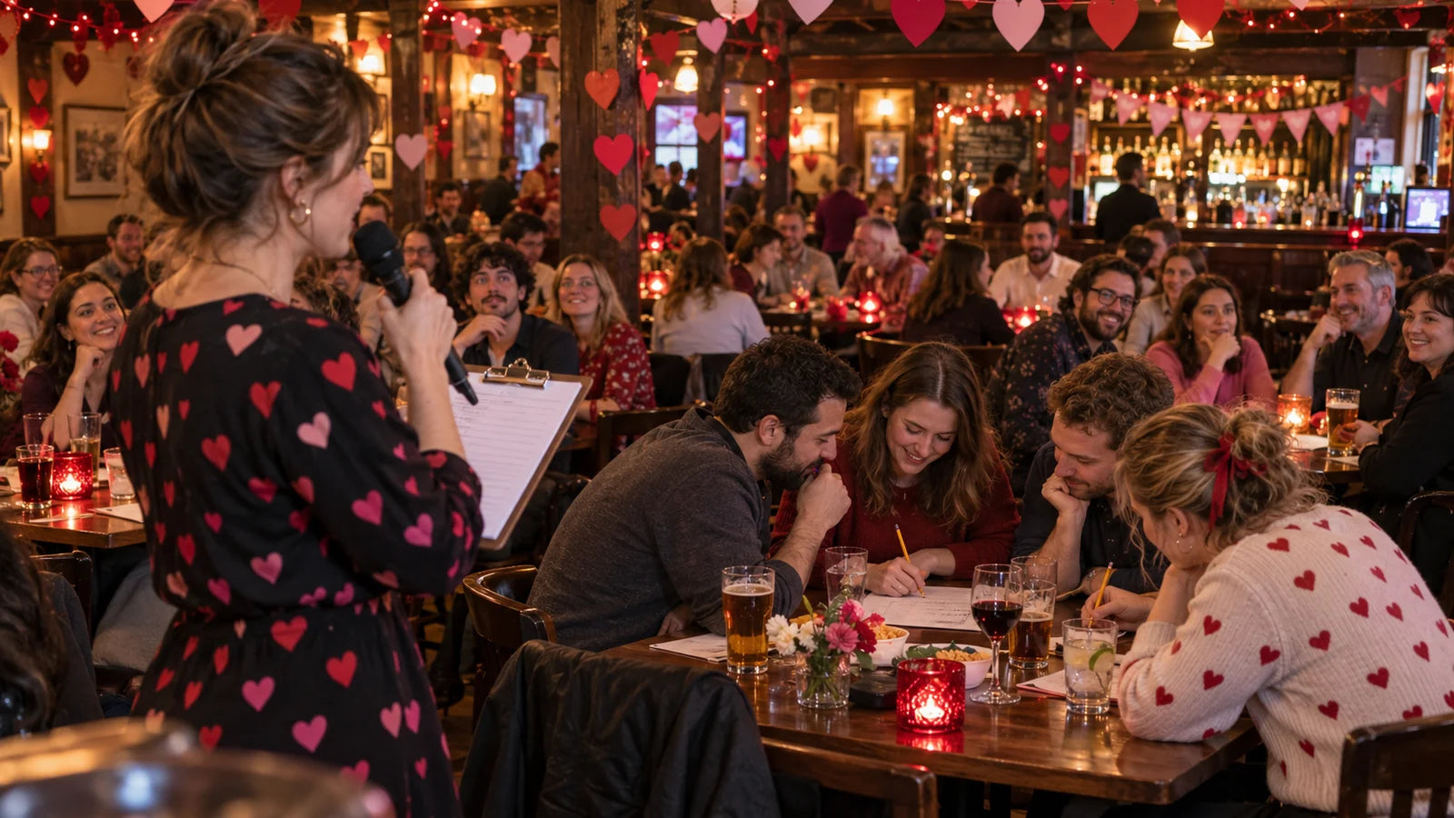 Fictional host running a Valentine's trivia night in a packed bar with teams, answer sheets and heart decorations