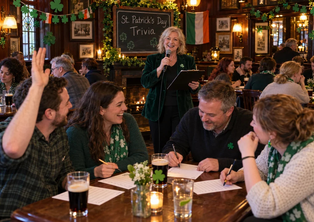 Fictional Saint Patrick's Day quiz host and active teams in a festive Irish-style pub
