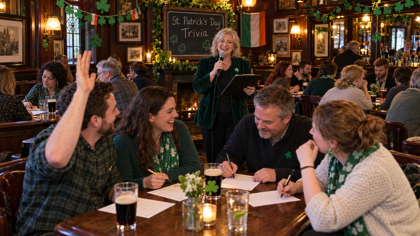 Fictional Saint Patrick's Day quiz host and active teams in a festive Irish-style pub