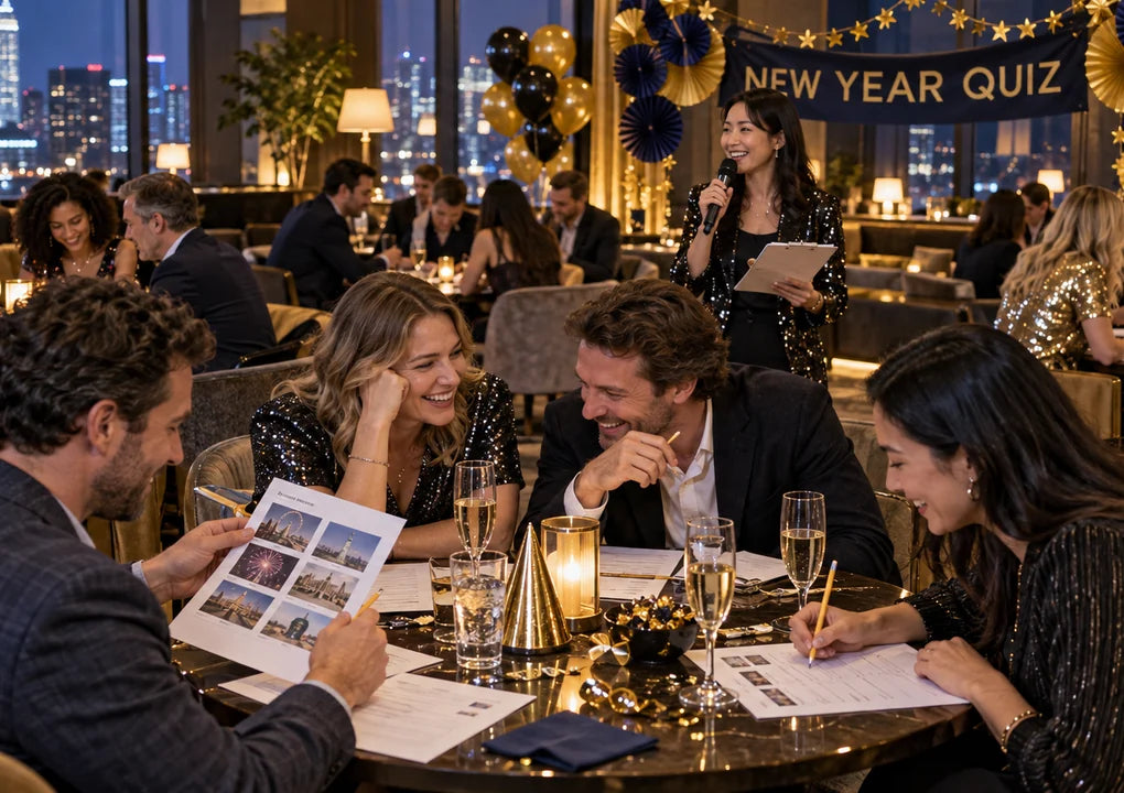 Fictional New Year's holiday quiz with a host and adult teams playing among gold and navy decorations