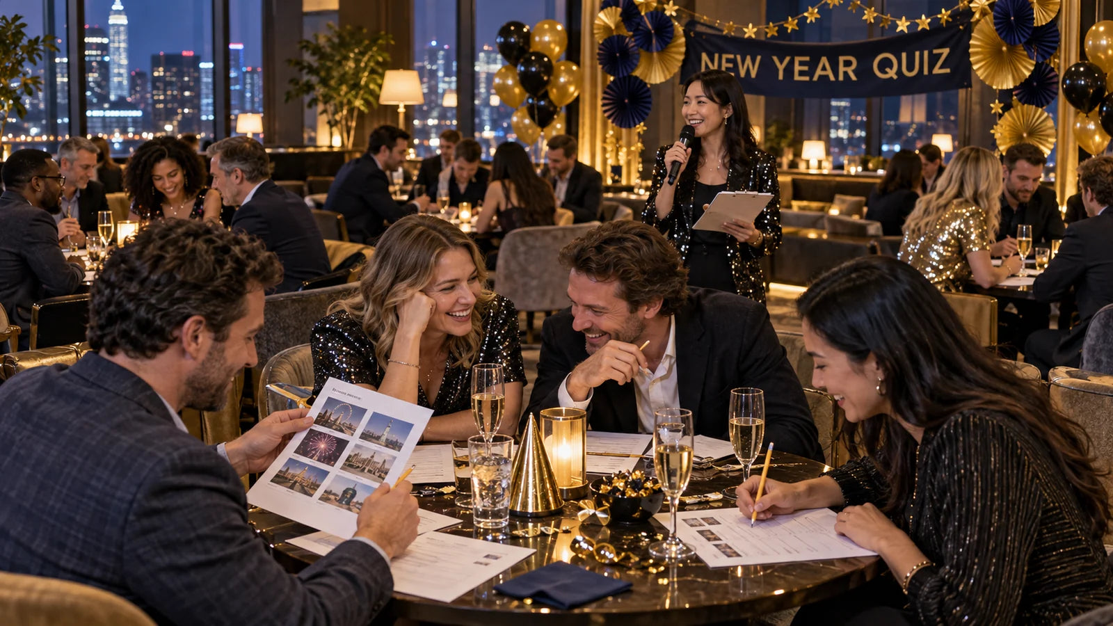 Fictional New Year's holiday quiz with a host and adult teams playing among gold and navy decorations