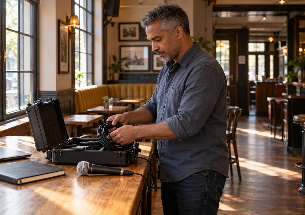 A fictional quiz host packing a microphone cable into an equipment case in an empty pub