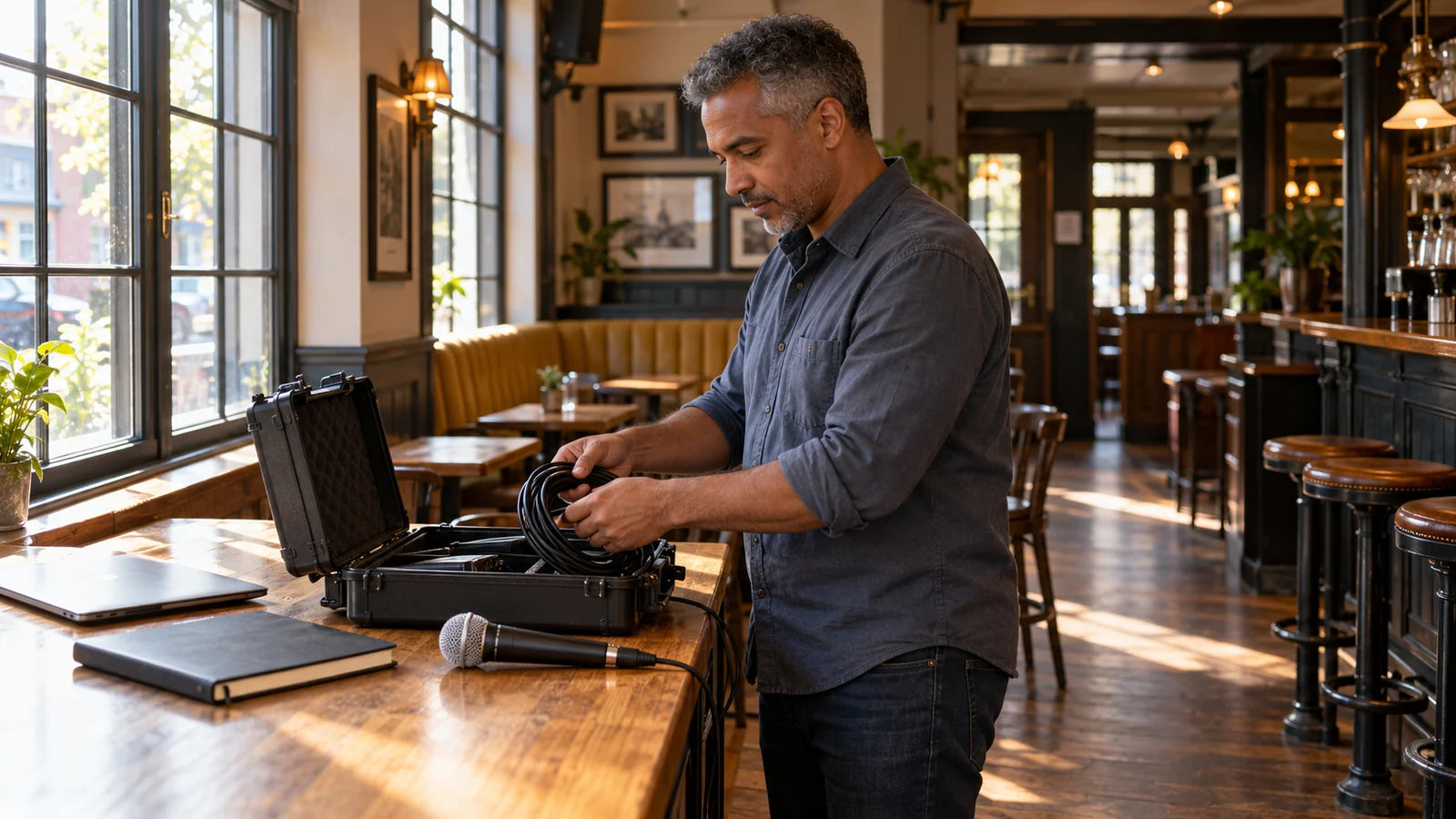 A fictional quiz host packing a microphone cable into an equipment case in an empty pub