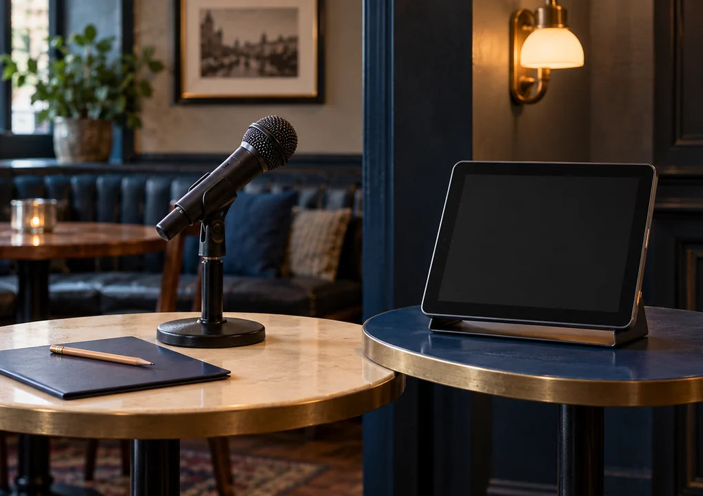 A microphone and blank self-service display arranged side by side in a quiet pub