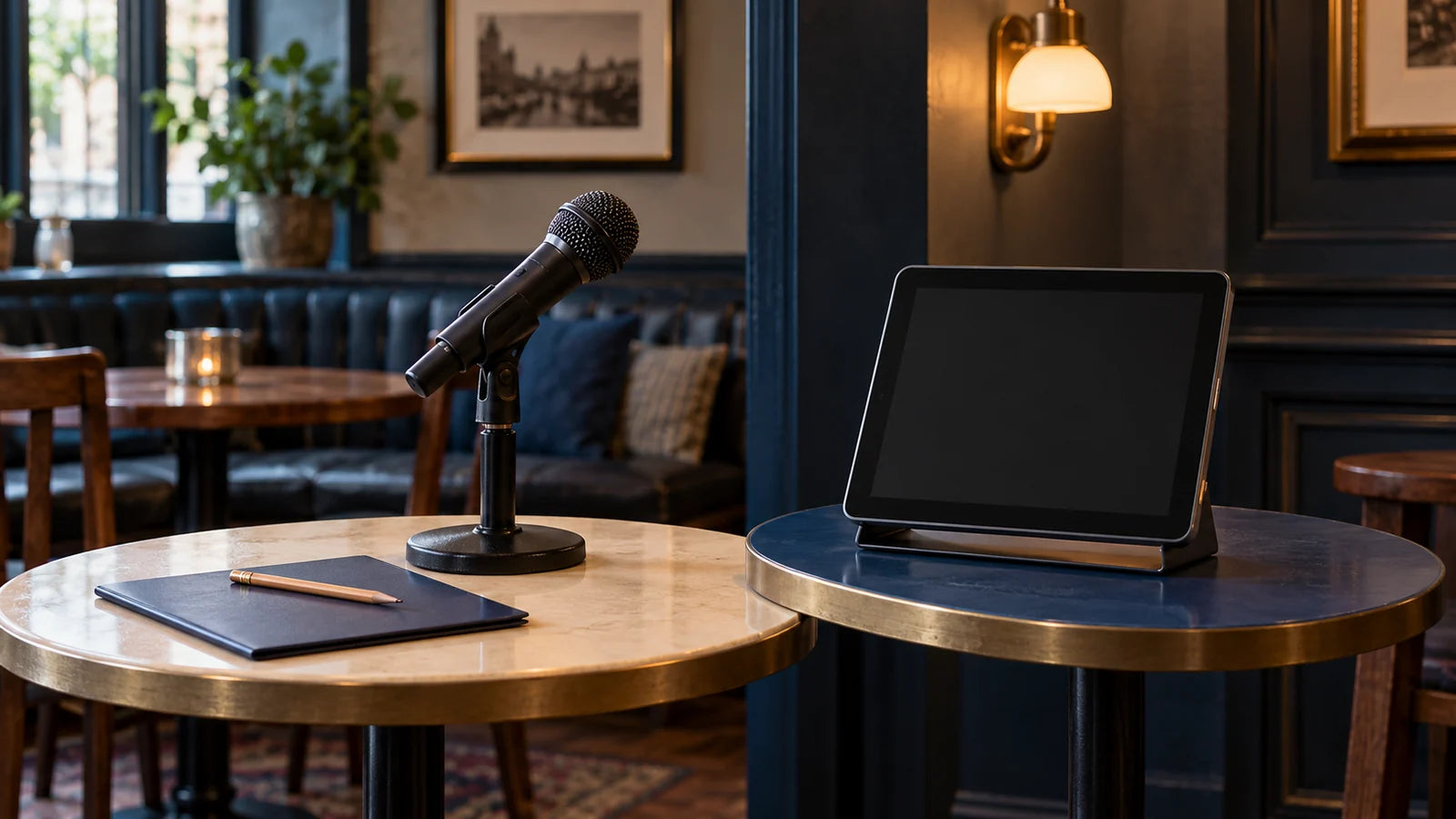 A microphone and blank self-service display arranged side by side in a quiet pub