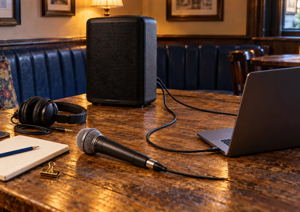 Compact speaker, connected microphone, headphones and laptop on a pub host table
