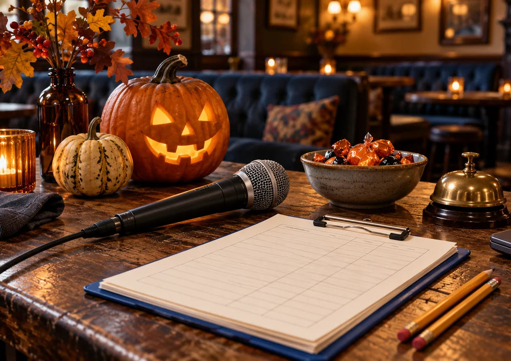 Layered Halloween host table with a pumpkin, microphone, clipboard and service bell