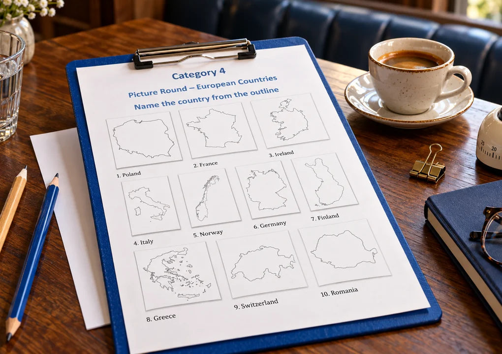 European Countries answer-key example on a clipboard with pencils, coffee and host tools