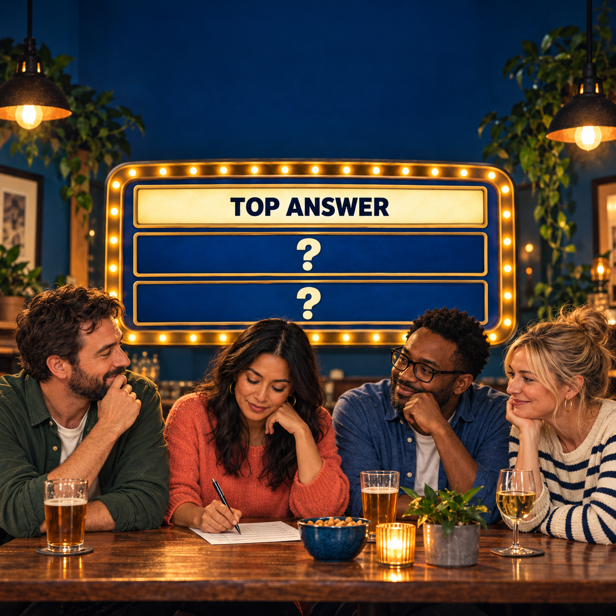 Four friends discuss their guesses around a pub table beneath a glowing survey answer board.