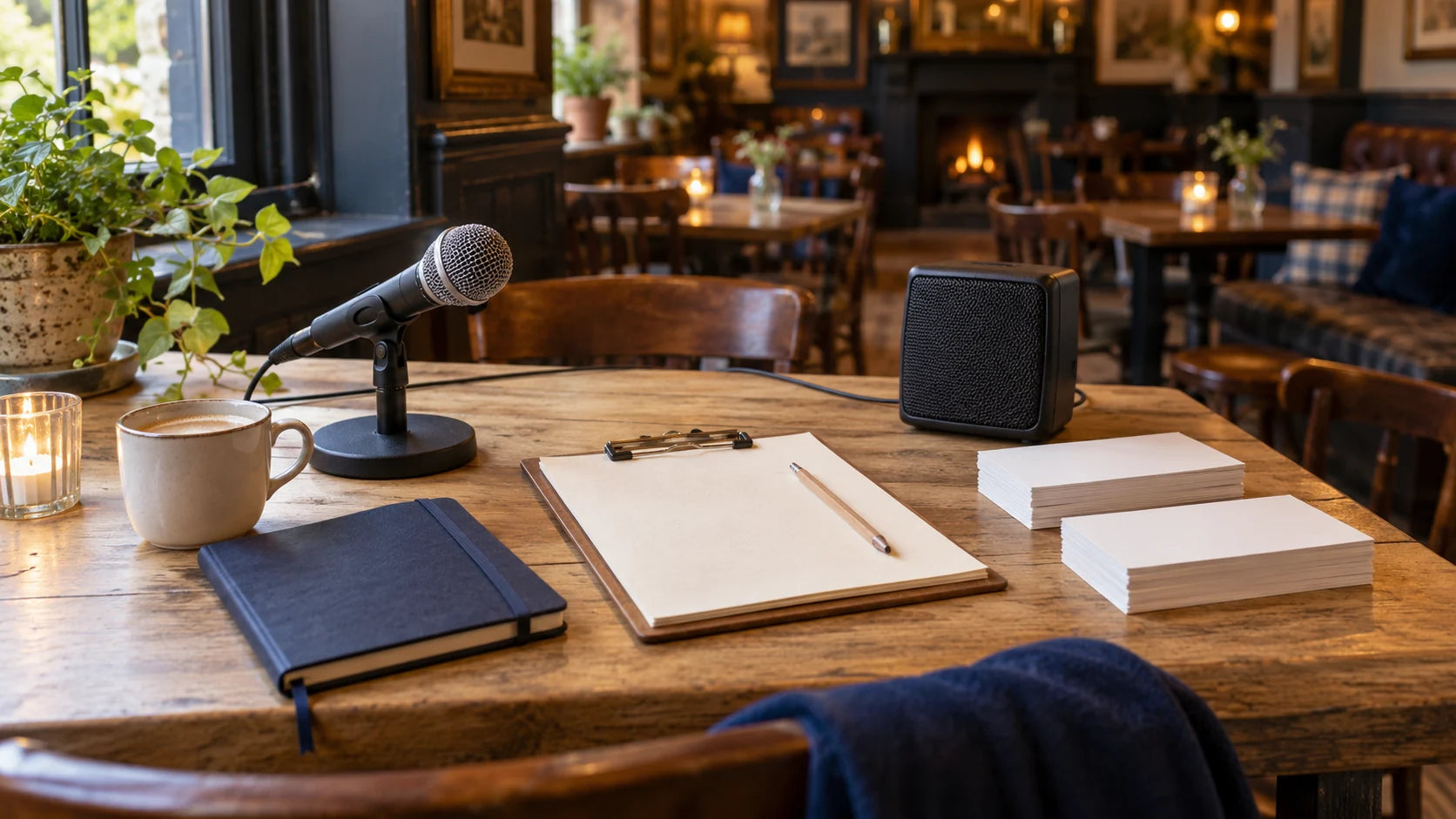 Illustrative quiz host preparation table with microphone, blank handouts and notebook