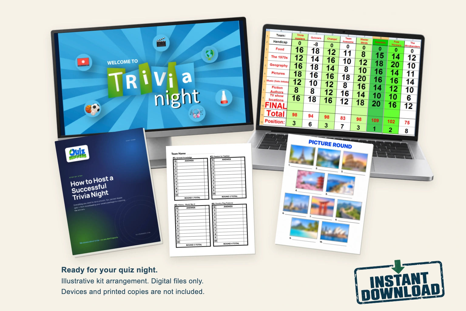 Illustrative arrangement of the host guide, a trivia presentation, answer and picture sheets, and a scoring spreadsheet.