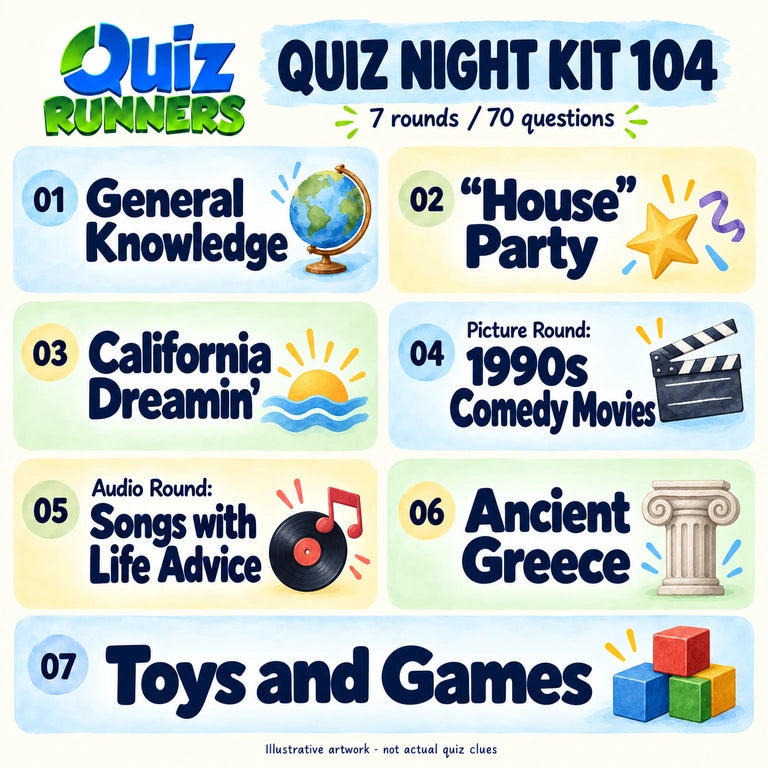 Quiz 104 poster showing the seven included rounds