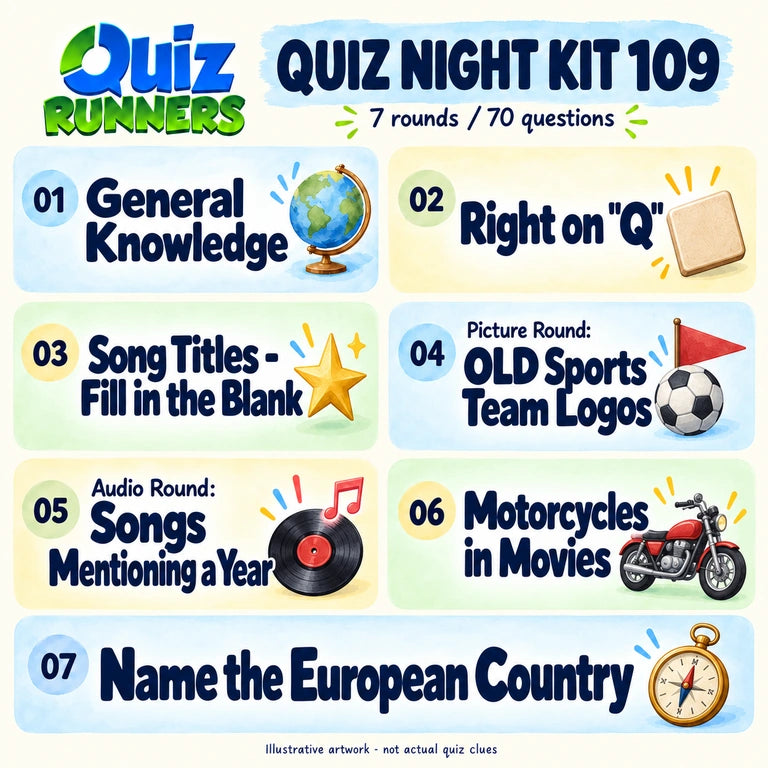 Quiz 109 poster showing the seven included rounds