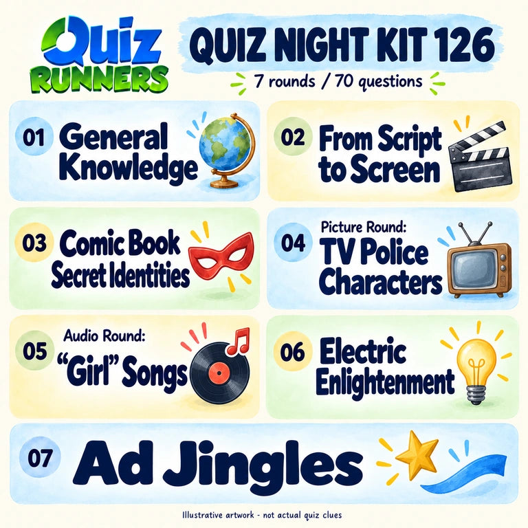 Quiz 126 poster showing the seven included rounds
