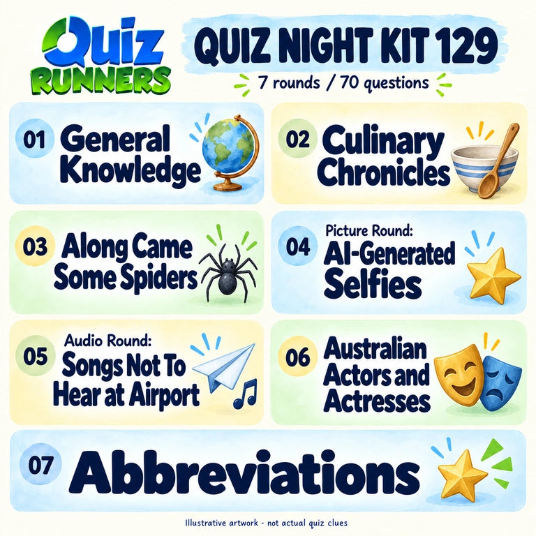 Quiz 129 poster showing the seven included rounds