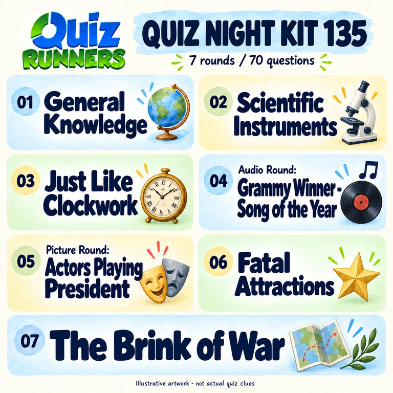 Quiz 135 poster showing the seven included rounds