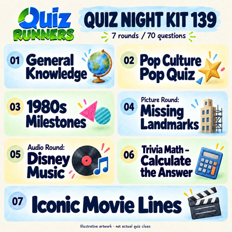 Quiz 139 poster showing the seven included rounds