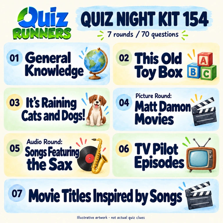 Quiz 154 poster showing the seven included rounds