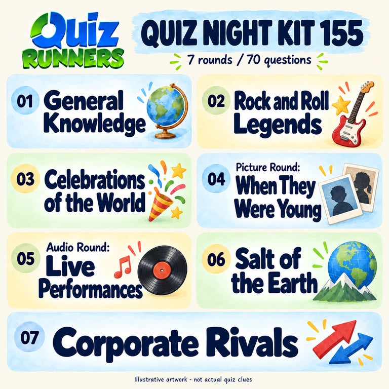 Quiz 155 poster showing the seven included rounds