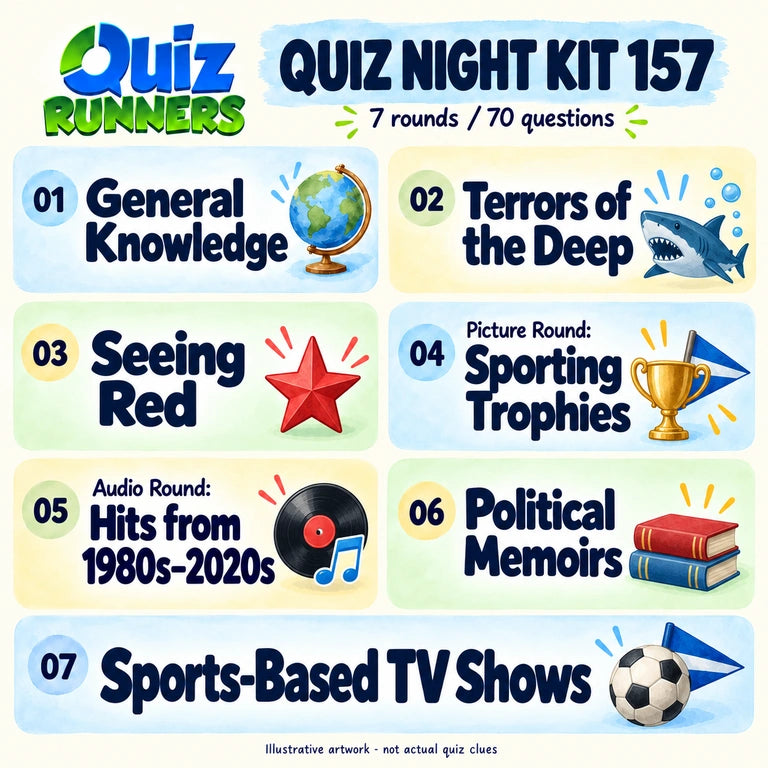 Quiz 157 poster showing the seven included rounds
