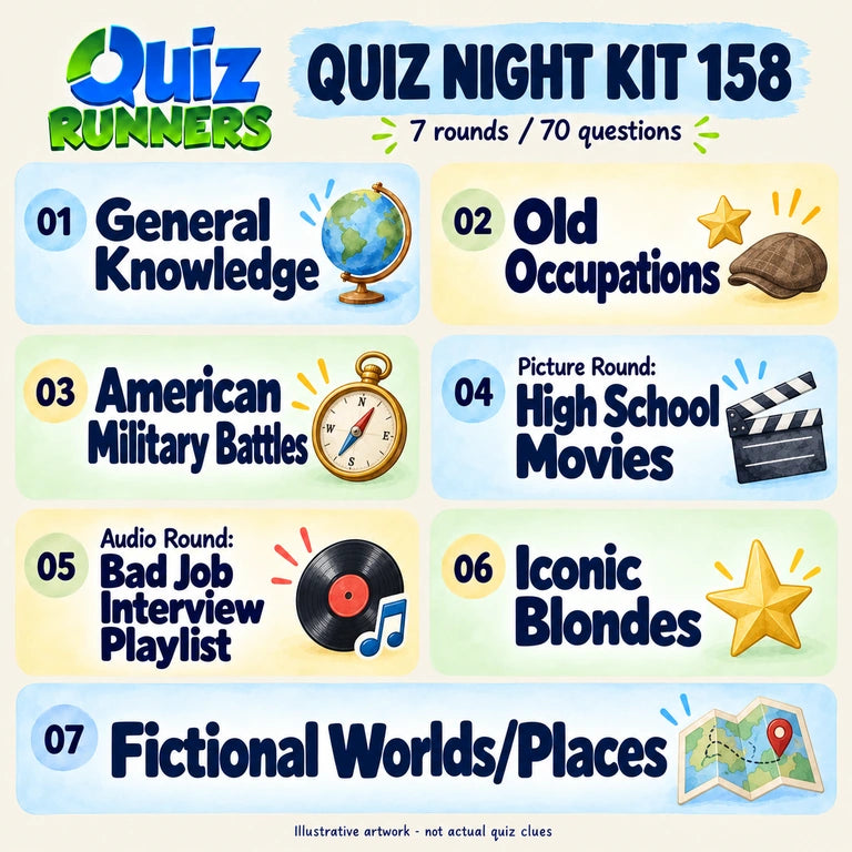 Quiz 158 poster showing the seven included rounds