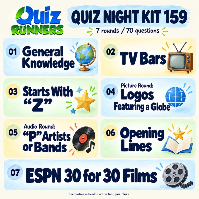 Quiz 159 poster showing the seven included rounds