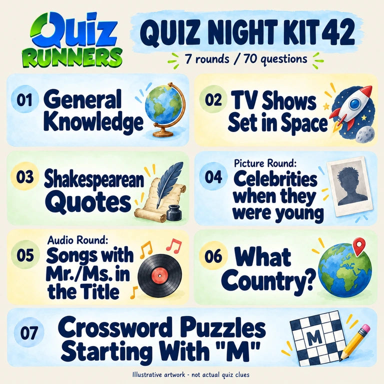 Quiz 42 poster showing the seven included rounds