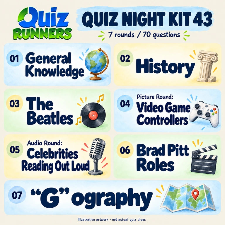Quiz 43 poster showing the seven included rounds