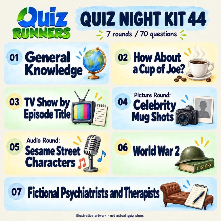 Quiz 44 poster showing the seven included rounds