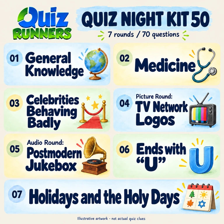 Quiz 50 poster showing the seven included rounds
