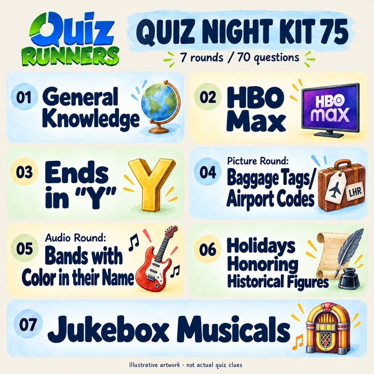 Quiz 75 poster showing the seven included rounds