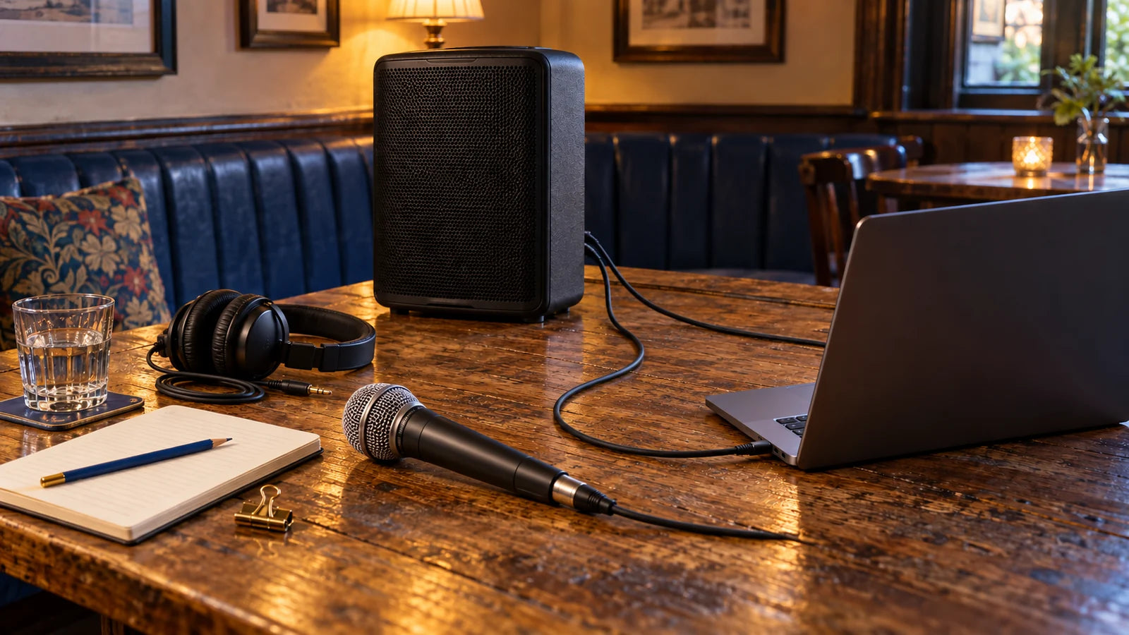 Compact speaker, connected microphone, headphones and laptop on a pub host table