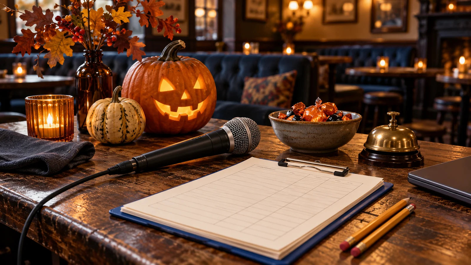 Layered Halloween host table with a pumpkin, microphone, clipboard and service bell