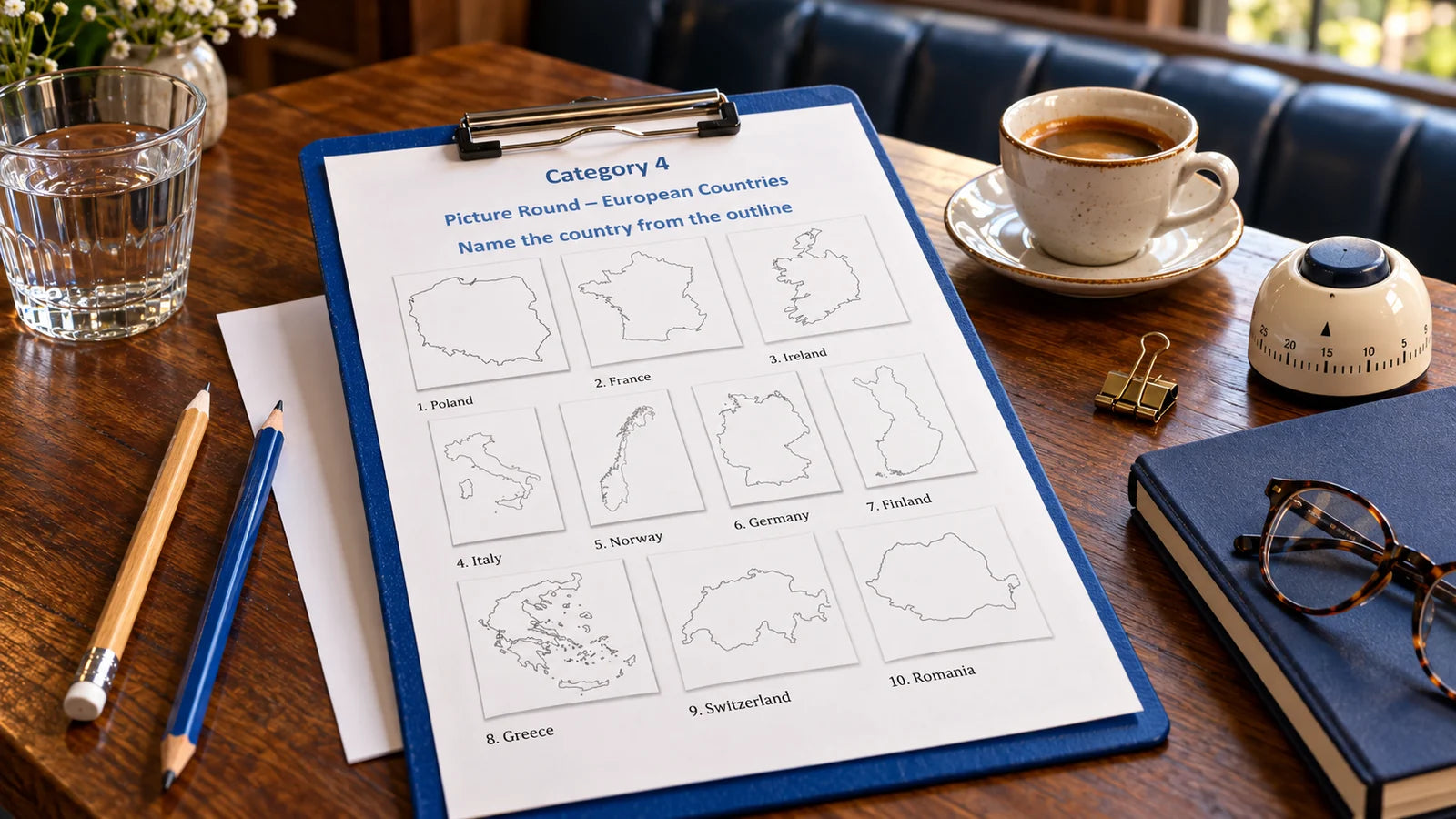 European Countries answer-key example on a clipboard with pencils, coffee and host tools